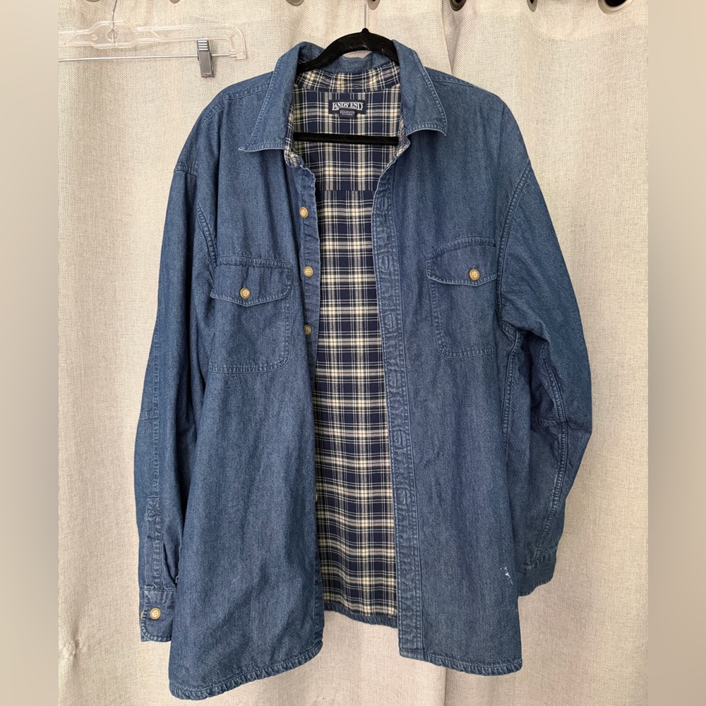 Lands End Flannel Lined Denim Shirt Shacket